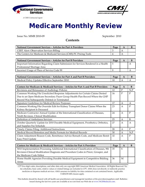 The Medicare Monthly Review, MMR-2010-09, September ... - CGS