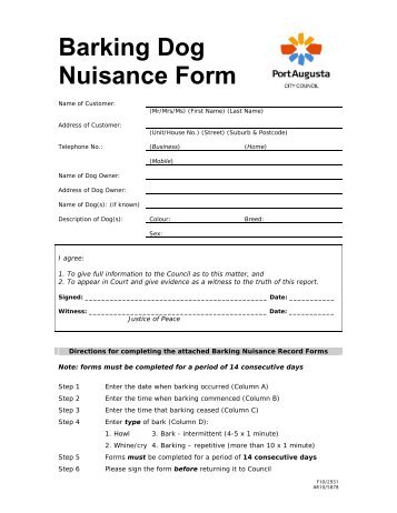 Barking Dog Nuisance Form - Port Augusta