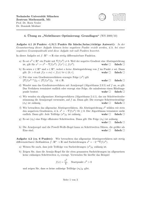 4. Ãbung zu âNichtlineare Optimierung: Grundlagenâ (WS 2009 ... - M1