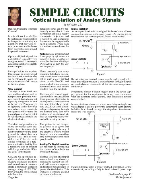 Simple Circuits - Optical Isolation of Analog Signals - IMSA