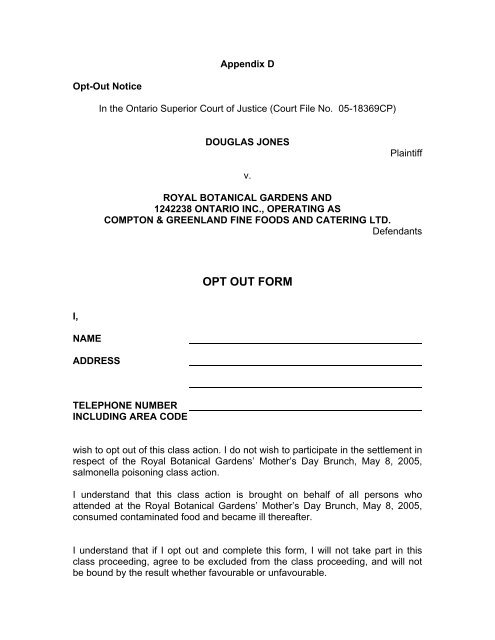 to Review the Opt-Out Form - "Class Action" Scarfone Hawkins LLP