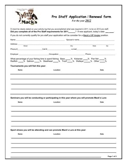 Pro Staff Application / Renewal form - Mack's Lure