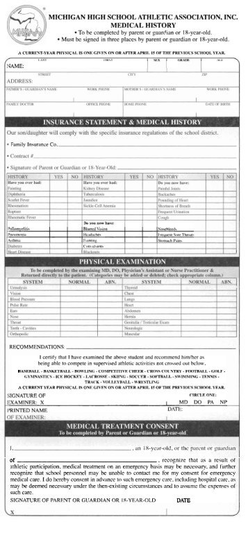 Michigan High School Athletic Association, Inc. Medical History form