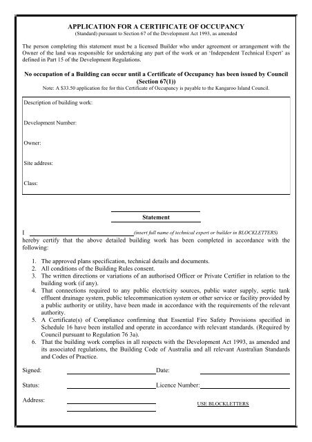 application for a certificate of occupancy - Kangaroo Island Council