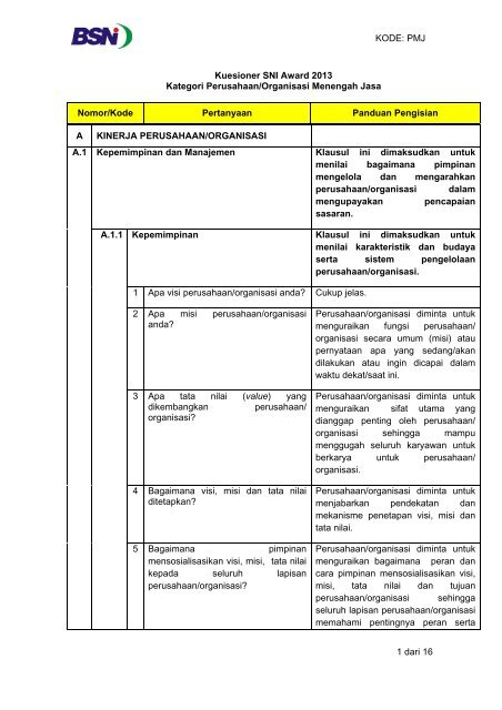 Kuesioner SNI Award 2013 Kategori Perusahaan/Organisasi ... - BSN