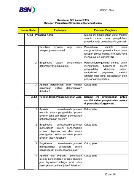 Kuesioner SNI Award 2013 Kategori Perusahaan/Organisasi ... - BSN