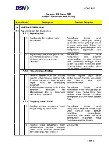 Kuesioner SNI Award 2013 Kategori Perusahaan Kecil ... - BSN