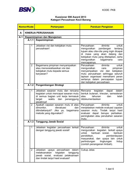 Kuesioner SNI Award 2013 Kategori Perusahaan Kecil ... - BSN