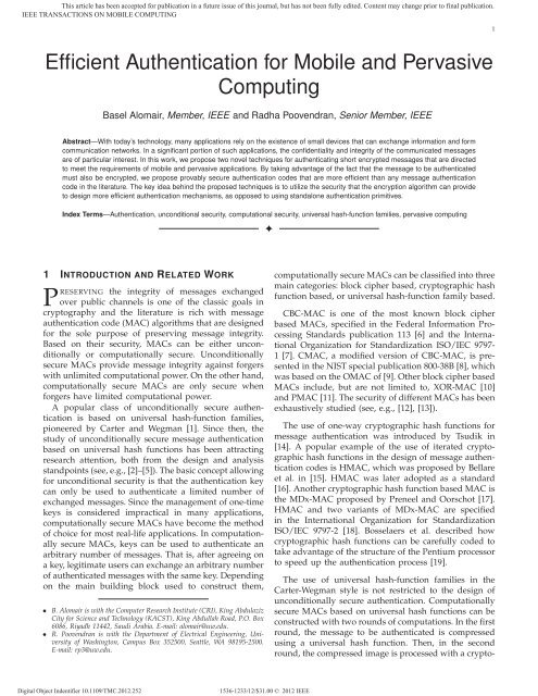 Efficient Authentication for Mobile and Pervasive Computing