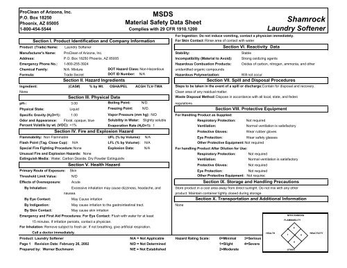 SHAMROCK LAUNDRY SOFTENER MSDS - Swisher Hygiene