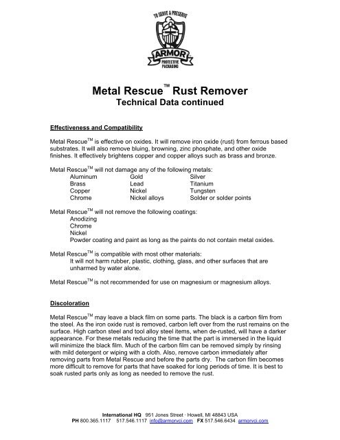 Rust Remover Technical Data continued - Metal Rescue