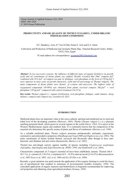 Growth, Yield and Oil components of thymus vulgaris - Ozean ...