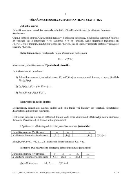 TÕENÄOSUSTEOORIA JA MATEMAATILINE STATISTIKA Juhuslik ...