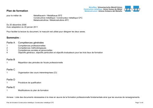 Plan de formation Sommaire :