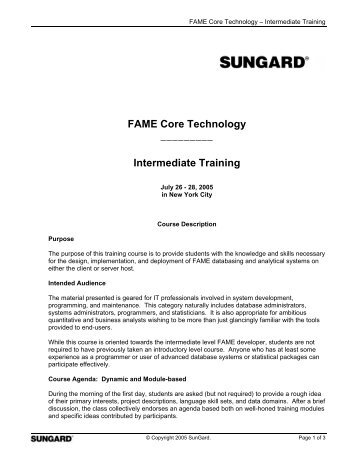 FAME Core Tech Training - Intermediate - Sungard