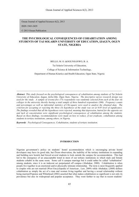 the psychological consequences of cohabitation among students of ...