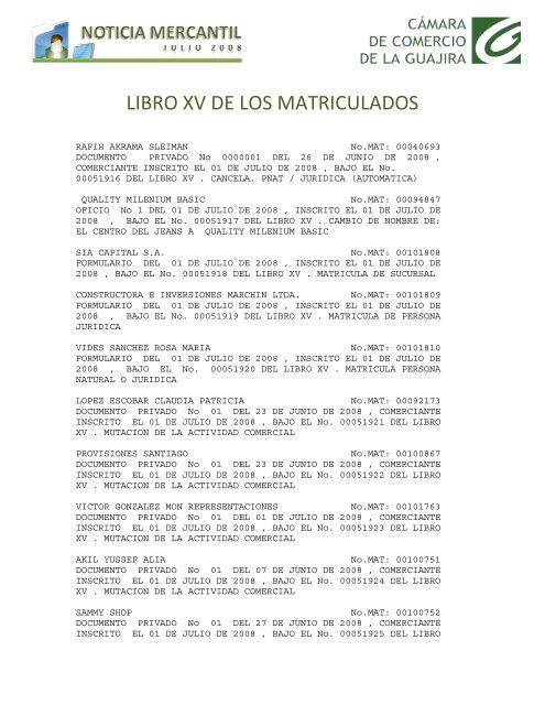 LIBRO XV DE LOS MATRICULADOSx - CÃ¡mara de Comercio de La ...
