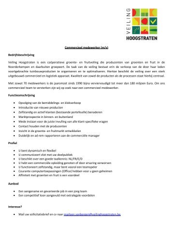 Vacature commercieel medeweker 2012 - Veiling Hoogstraten