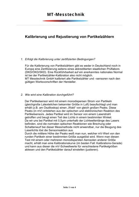 Kalibrierung und Rejustierung von Partikelzählern - MT Messtechnik