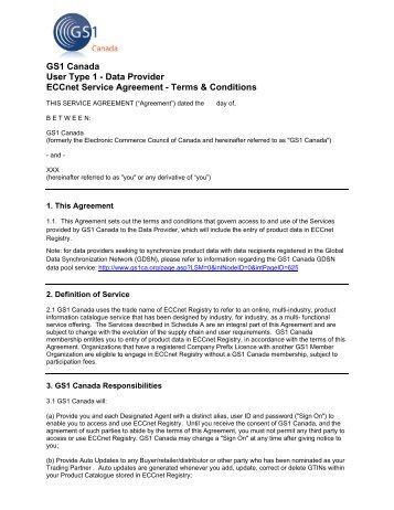 GS1 Canada User Type 1 - Data Provider ECCnet Service Agreement