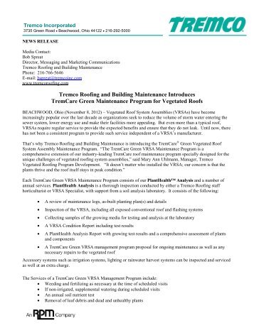 Tremco Roofing and Building Maintenance Introduces TremCare ...