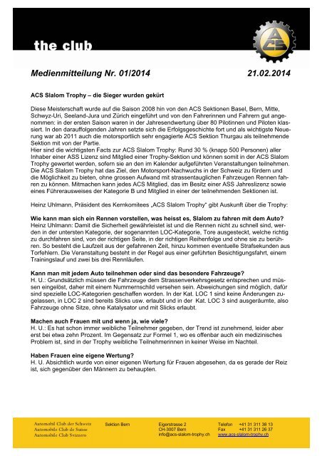 Medieninfo 01/2013 - ACS Sektion Bern