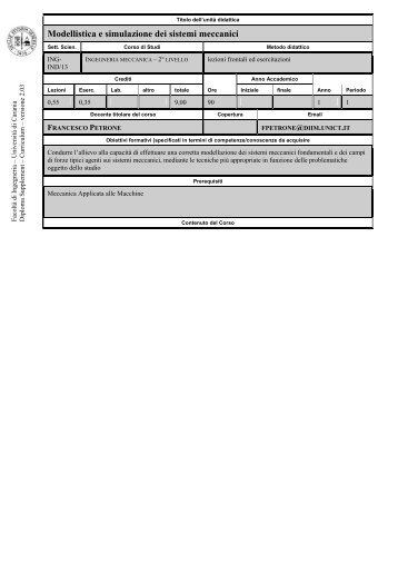 Modellistica e simulazione dei sistemi meccanici