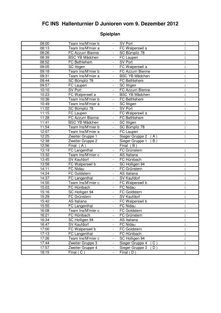 FC INS Hallenturnier D Junioren vom 9. Dezember 2012