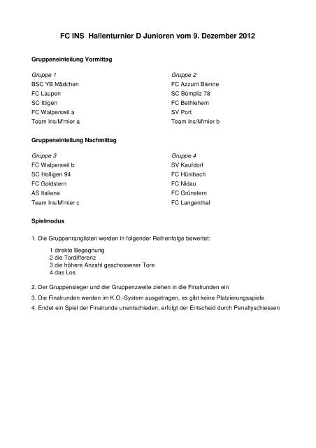 FC INS Hallenturnier D Junioren vom 9. Dezember 2012