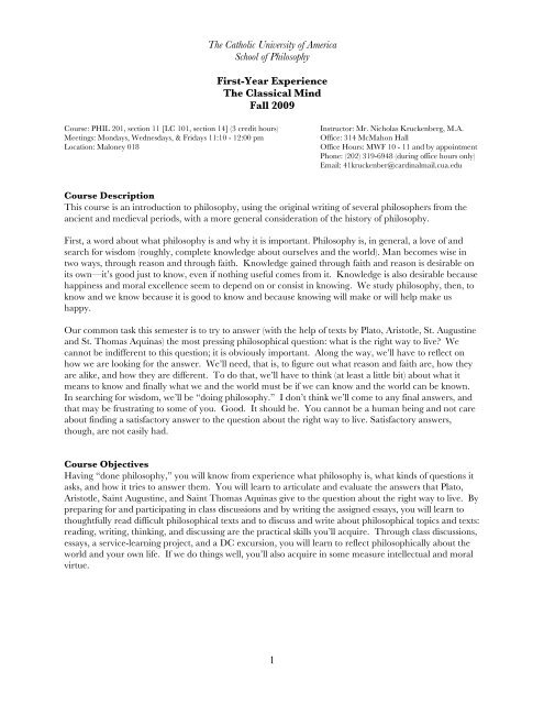 syllabus phil 201-11[Fall 2009] - School of Philosophy - the Catholic ...