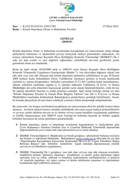 KÃ¶mÃ¼r Depolama, Eleme ve Briketleme Tesisleri Genelgesi