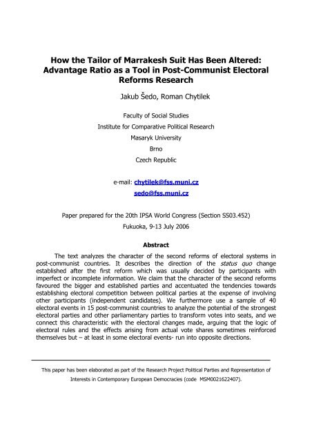 Advantage Ratio as a Tool in Post-Communist Electoral Reforms ...