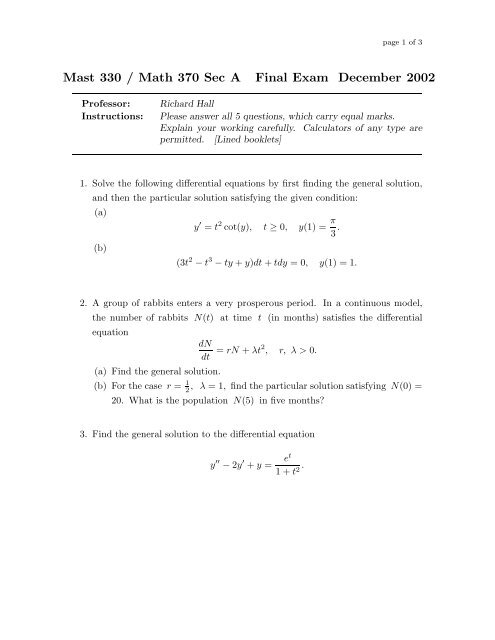 Mast 330 / Math 370 Sec A Final Exam December 2002