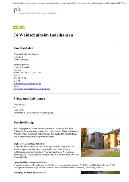 74 Waldschulheim Indelhausen Kontaktdaten - TEAM meX