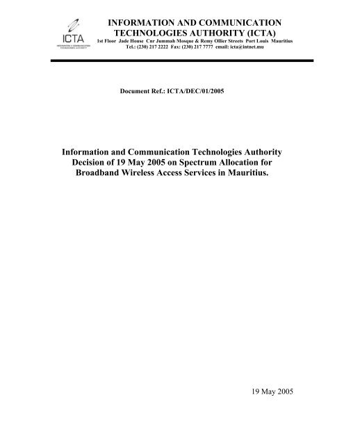 Decision of 19 May 2005 on Spectrum Allocation for ... - ICTA