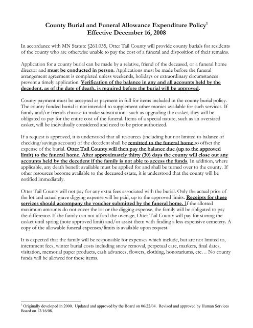 County Burial And Funeral Allowance Otter Tail County