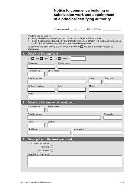 Notice to commence building or subdivision work and appointment ...