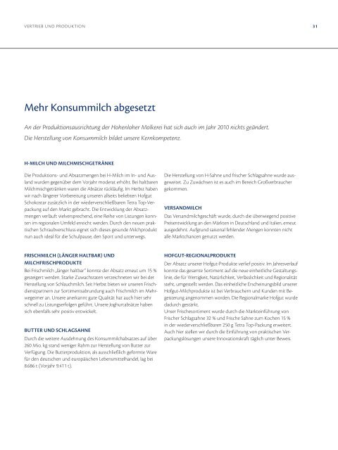 hohenloher molkerei geschäftsbericht 2010 - Hohenloher Molkerei eG