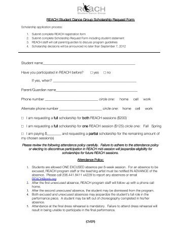 REACH Student Dance Group Scholarship Request Form Student ...