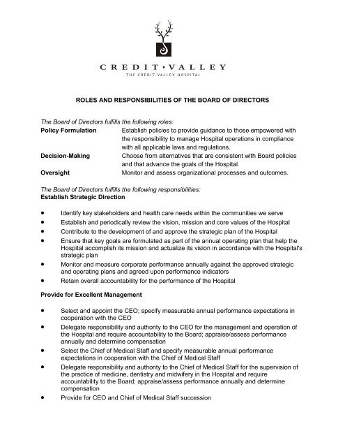 Board Of Directors Roles And Responsibilities - Credit Valley Hospital
