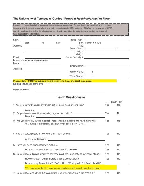 Health Information Form - RecSports