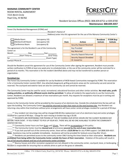 MANANA COMMUNITY CENTER ROOM RENTAL AGREEMENT ...