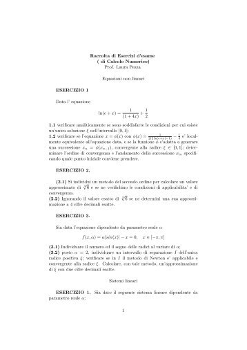 Raccolta di Esercizi d'esame ( di Calcolo Numerico) Prof. Laura ...