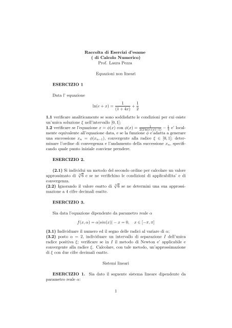 Raccolta di Esercizi d'esame ( di Calcolo Numerico) Prof. Laura ...