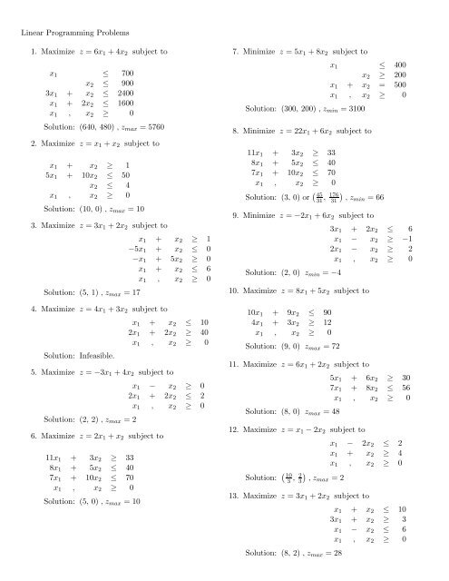Linear Programming Problems 1 Maximize Z 6x 1 4x2 Subject To