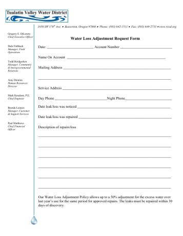 Water Loss Adjustment Request Form - Tualatin Valley Water District