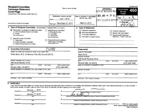 Form 460, Semi-annual Statement 07/01/2012 - City Of Beverly Hills