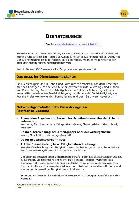 DIENSTZEUGNIS - Bewerbungstraining Online