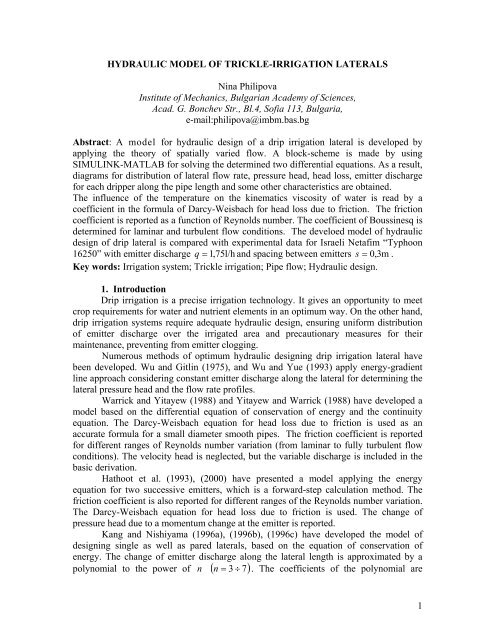 HYDRAULIC MODEL OF TRICKLE-IRRIGATION LATERALS - IWRA