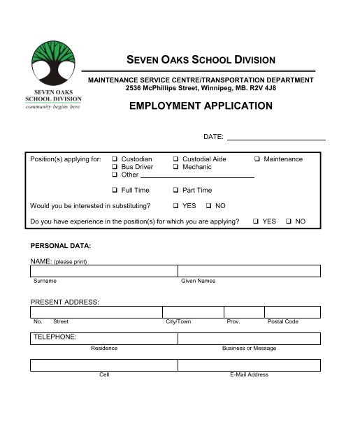Bus Driver Application - Seven Oaks School Division